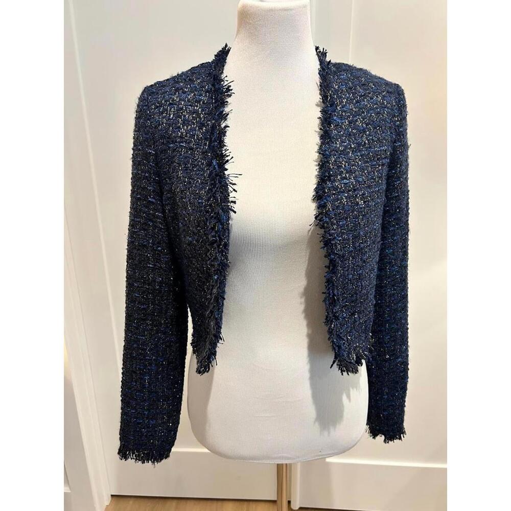 Christian Lacroix Navy Blue Metallic Tweed‎ Frayed Cropped Jacket Blazer